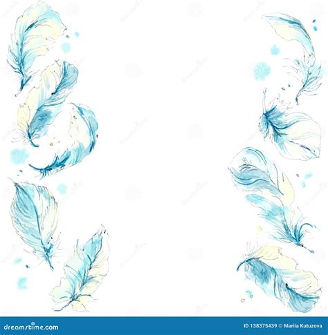 Blue Feathers Watercolor Hand Drawn Illustration Stock Illustration