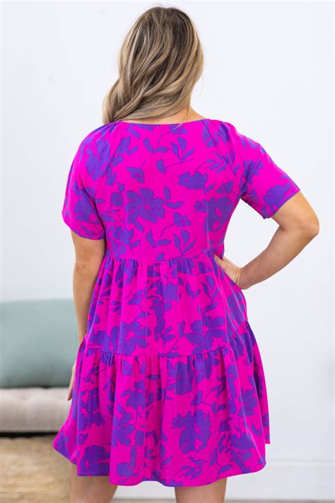 Fuchsia Floral Print Short Sleeve Dress · Filly Flair