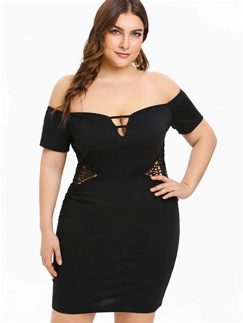 Wipalo Plus Size Applique Hollow Out Waist Off Shoulder Deep V Neck