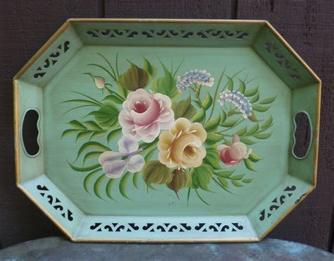 Tole Tray. Aqua. Hand-Painted Roses. Vintage by MoonstruckCottage