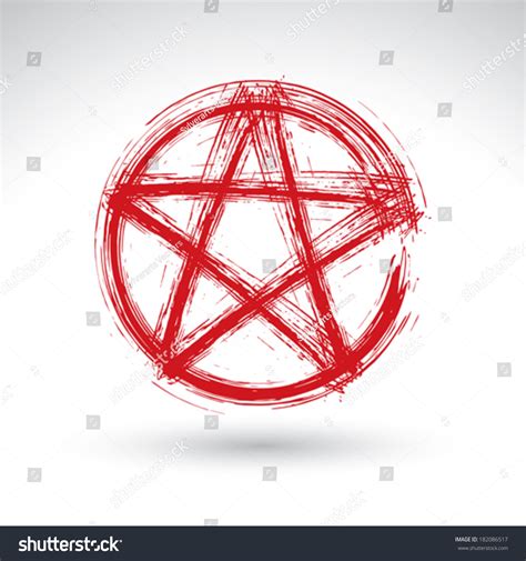 Hand Drawn Pentagram Icon Scanned And Vectorized Brush Drawing Red