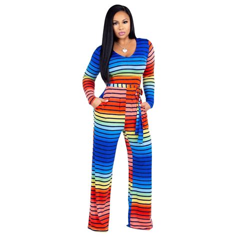 2018 Fashion Women Jumpsuit Rainbow Striped O Neck Playsuit Long Sleeve Long Bodycon Belt