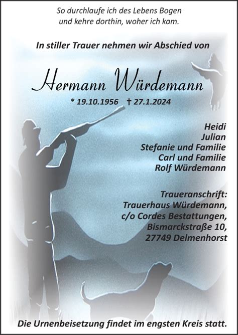 Traueranzeigen von Hermann Würdemann noz Trauerportal