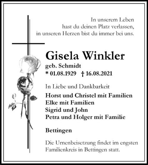 Traueranzeigen Von Gisela Winkler Trauerportal Ihrer Tageszeitung