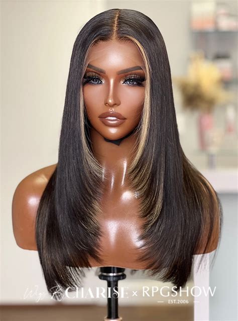 Shoulder Length Middle Part Framing Layers Black Hair With Blonde Highlights Lace Front Wigs