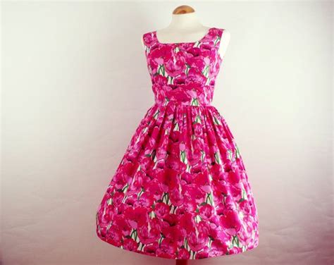 50s Style Prom Dress In Cerise Pink Poppy Print Retro By Luminia