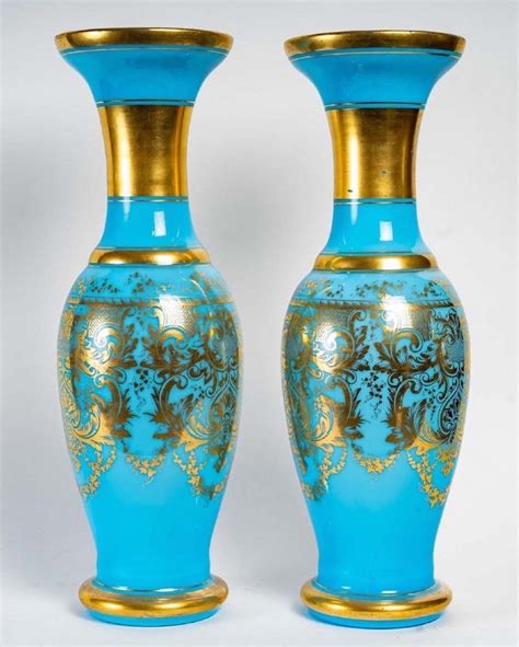 Proantic Paire De Vases En Cristal Opaline Bleu Baccarat Cm