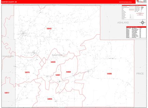 Sawyer County Wi Zip Code Wall Map Red Line Style By Marketmaps Mapsales