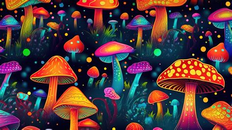 Seamless Print Psychedelic Trip With Colorful Amanita And Toadstool