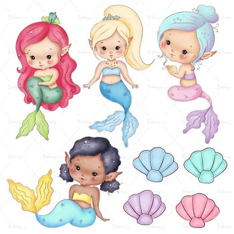 Watercolor Cute Mermaids Clipart Digital Download Underwater Etsy