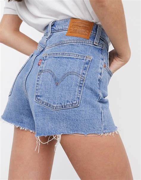 Levi S Ribcage Denim Shorts In Midwash Blue Asos Denim Shorts Shorts Sleeveless Short Dress