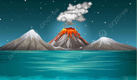 Volcano Eruption In Nature Scene At Night Vector Scenery Stone Vector