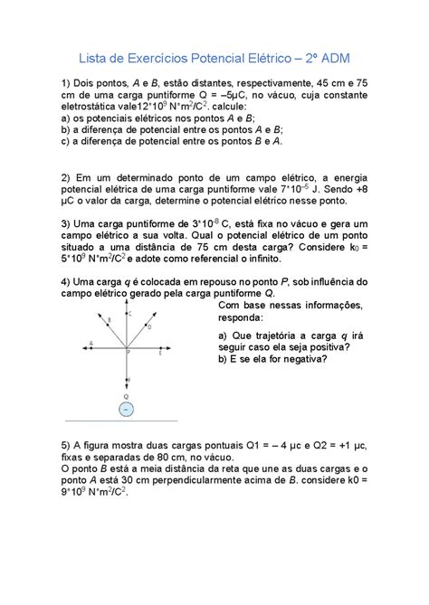 Exercícios De Potencial Elétrico - Lista de Exercícios: Potencial Elétrico 2º ADM - Studocu