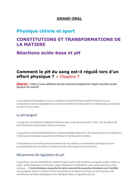 Grand oral Comment le Ph du sang est il régulé lors dun effort physique