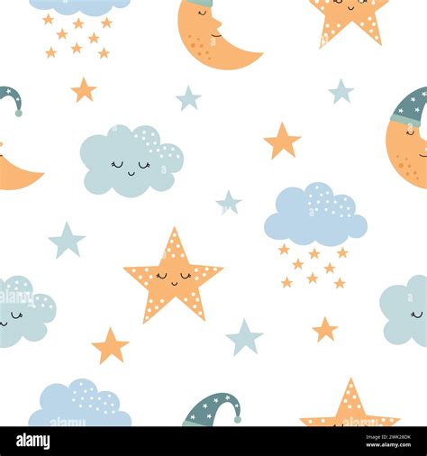 Pattern With Moons Stars And Clouds Stock Vector Image And Art Alamy