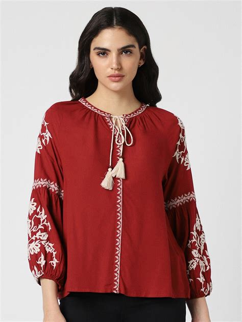 Buy Van Heusen Woman Floral Embroidered Tie Up Neck Puff Sleeve Top