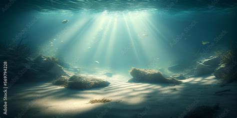 Underwater Scene Of The Deep Ocean Floor Rays Of Light Shimmer Through