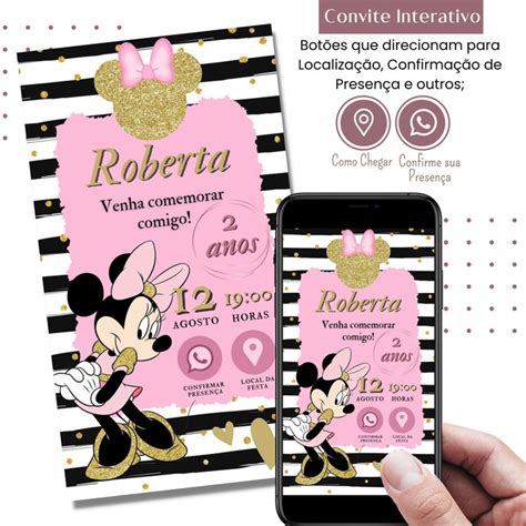 Convite Minnie Rosa Digital Interativo Virtual Elo7