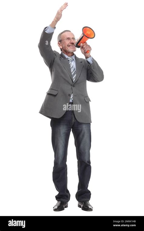 Front View Of A Mature Businessman Speaking With Megaphone Stock Photo