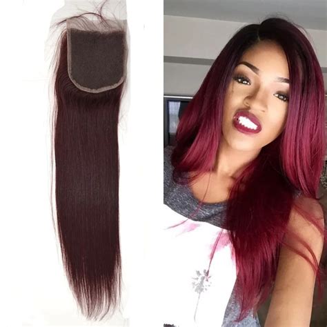 Top Quality Red Brazilian Hair Straight Lace Closure 99J Virgin Human ...