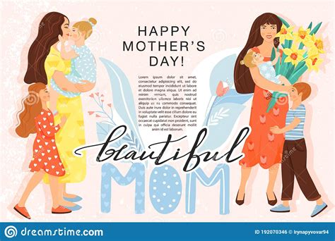 Happy Motherâ€™s Day Greeting Banner Beautiful Mothers With Their