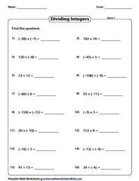 Division Of Integers Worksheet Grade