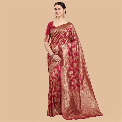 Maroon Gold Ethnic Motifs Zari Silk Blend Banarasi Saree