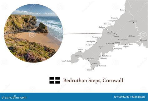 Map Of Cornwall Featuring Photographic Image Of Bedruthan Steps And