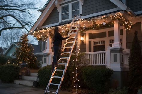 Premium Ai Image A Man Is Standing On A Ladder To Install Christmas