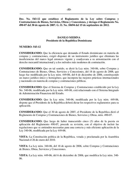 Decreto No 543 12 que aprueba el Reglamento de aplicación de la Ley