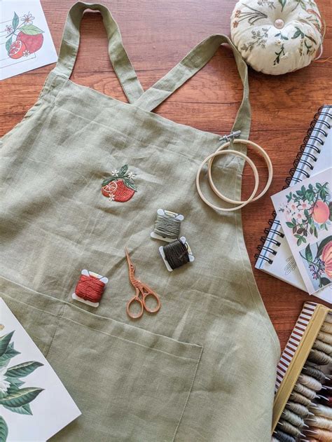 French Linen Apron With Pockets Citrus Hand Embroidered Apron Etsy