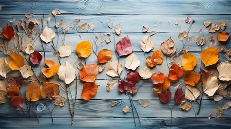 Premium Ai Image Autumn Leaves On Whitewashed Wood Board