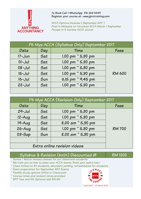 Acca September 2017 Exam Preparation Timetable Business Training Courses