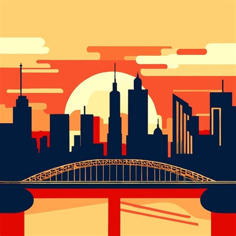 Premium Vector City Skyline With Buildings And Bridge Above Lake Or