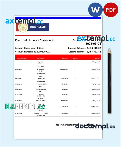 Sample India RBB Smart Bank Statement Word And PDF Template 2 Pages