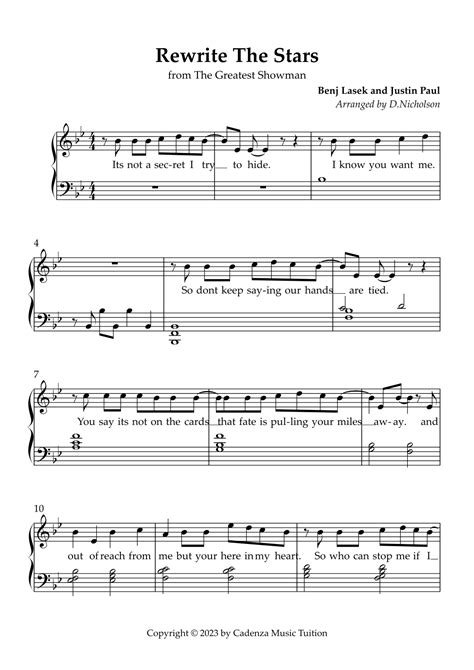 Rewrite The Stars Arr Daniel Nicholson By Zac Efron And Zendaya Sheet Music For Piano Solo At