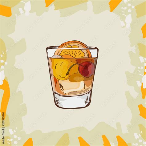 Old Fashioned Cocktail Illustration Alcoholic Classic Bar Drink Hand