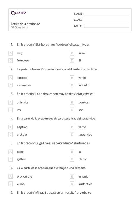 50 Partes de la oración hojas de trabajo para Grado 1 en Quizizz