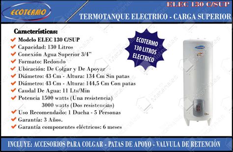 Termotanque Ecotermo 130 Lt Alta Recuperacion Electrico Carga Superior