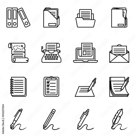 Document Paper And Folder Icon Set With White Background Thin Line