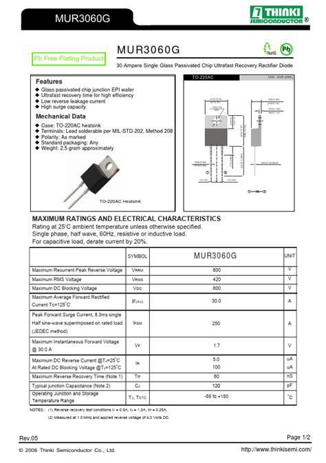 MUR3060G Datasheet 30 Ampere Single Glass Passivated Chip Ultrafast