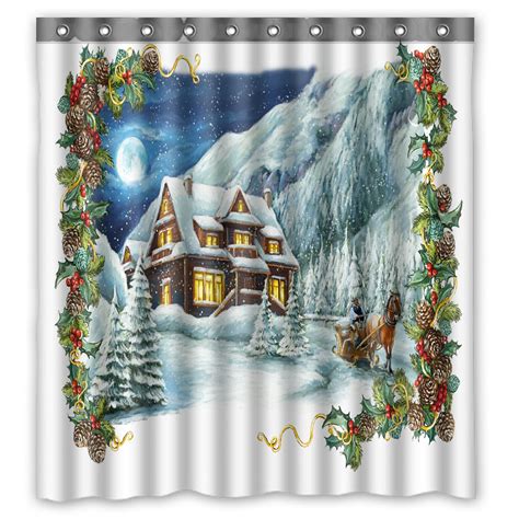 Phfzk Snow Shower Curtain Christmas Winter Happy Scene Polyester