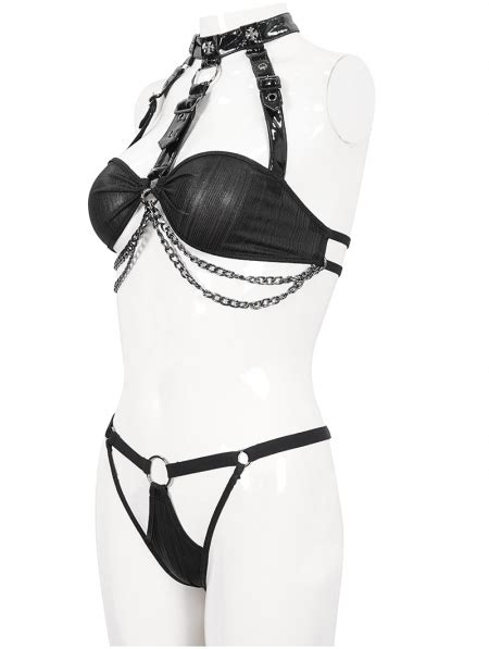 Black Gothic Punk Metal Loop Two Piece Sexy Lingerie Set Devilnight Co Uk