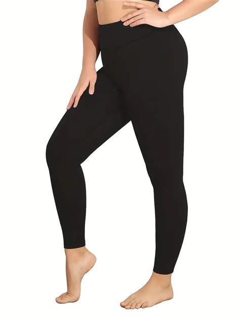 Plus Size Sports Leggings Womens Plus Solid Wide Waistband Temu United Kingdom