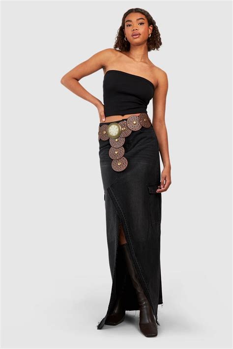 Tall Cargo Split Front Frayed Denim Maxi Skirt Boohoo Uk