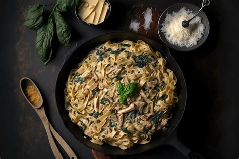 Fettuccini italiano en una sartén con champiñones pollo espinacas y