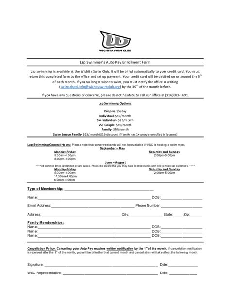 Fillable Online Lap Swimming Form Wichita Swim School Fax Email Print