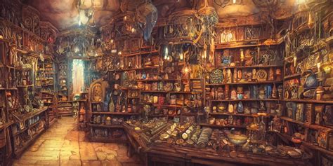 Krea Inside An Old Magical Shop Magic Items On Shelves Books