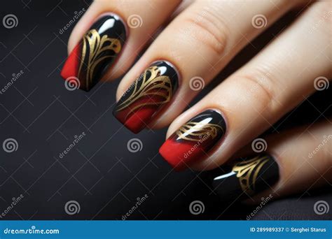 Beautiful Black and Red Nails with Gold Design, AI Stock Image - Image ...