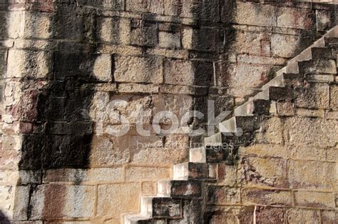 Old Asia Fort Stone Wall With Staircase Background Stock Photo